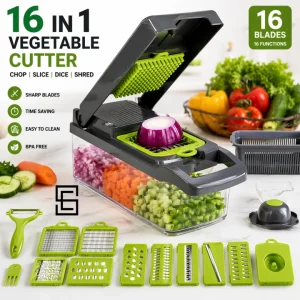 16 in 1 Vegetable Cutter Chopper Slicer Multifunctional Vegetable Dicer Grater Shredder Peeler Manual Fruit Onion Potato Cutter with Container Basket Kitchen Cutting Tool
