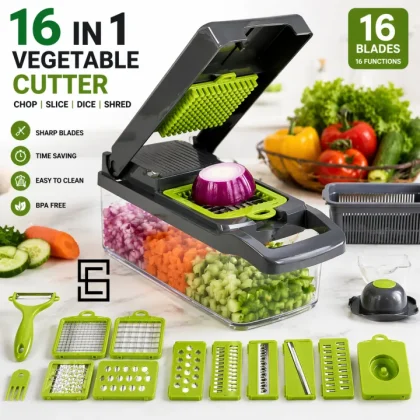 16 in 1 Vegetable Cutter Chopper Slicer Multifunctional Vegetable Dicer Grater Shredder Peeler Manual Fruit Onion Potato Cutter with Container Basket Kitchen Cutting Tool